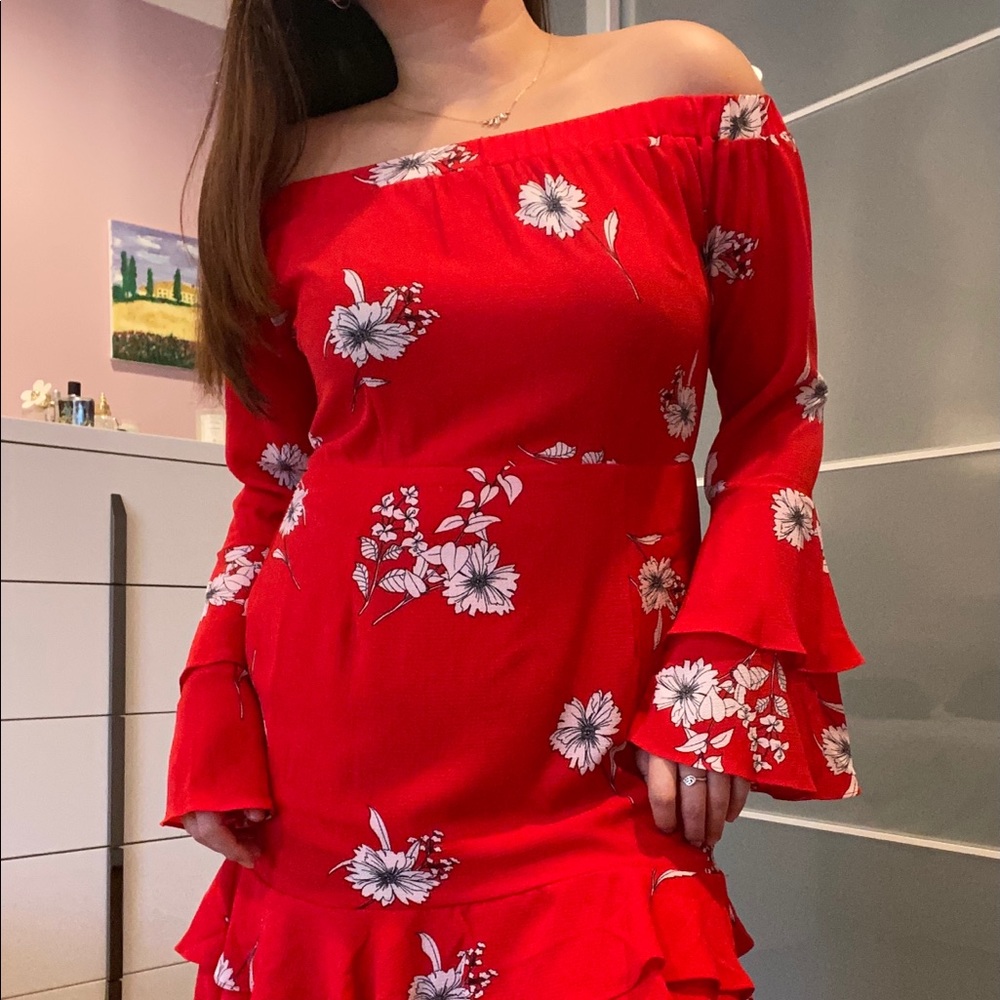 Red floral off the shoulder ruffle hem dress